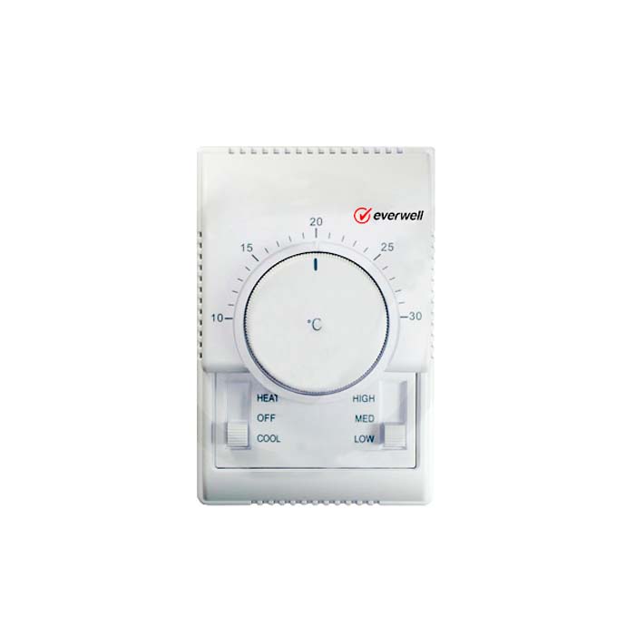 TERMOSTATO ANALOGO 24 V 1 ETAPA FRIO/CALOR ENCENDIDO (ON-OFF) CON BULBO 10° A 30°C 3 VELOCIDADES AIRE ACONDICIONADO RT-107 EVERWELL